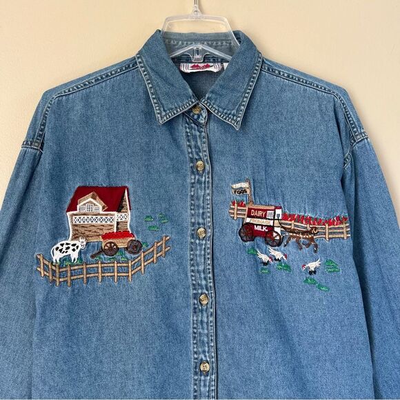 VTG Keren Hart Cotton Western Farm Embroidered Denim Button-Up Shirt SZ L - Picture 3 of 15
